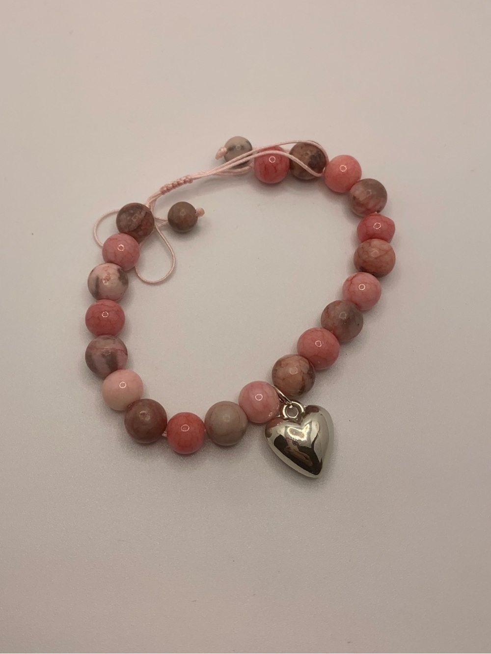Adjustable Pink Beaded Bracelet with Heart Charm - Women Jewelry